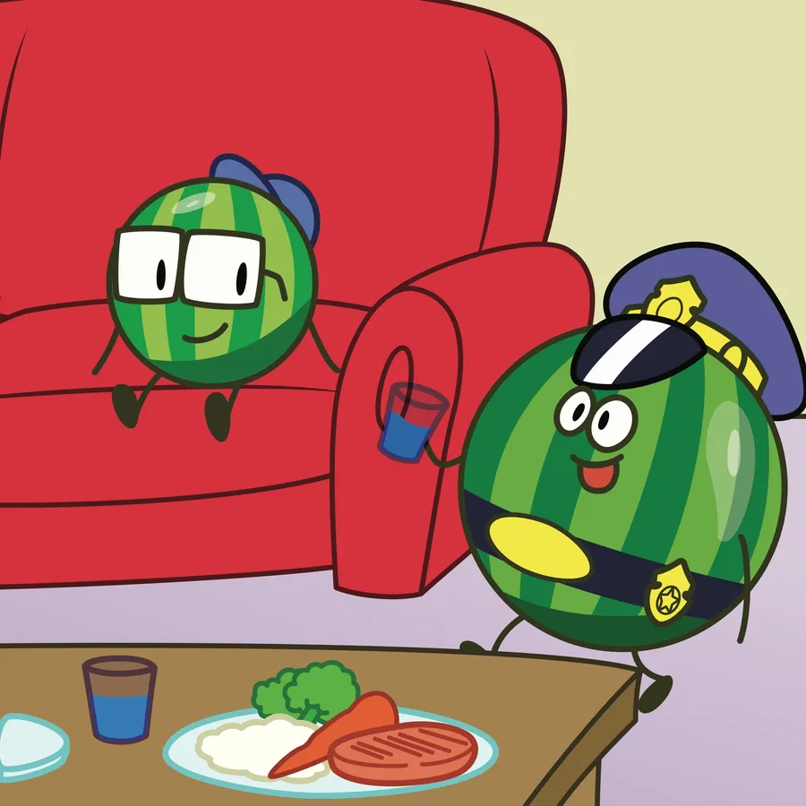 Sandi and his dad in the living room, with a plate of healthy food on the table