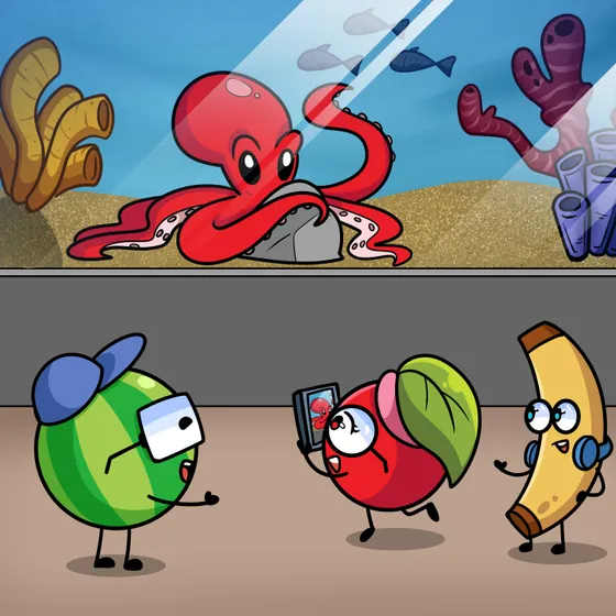 The Mora characters take a photo at the aquarium